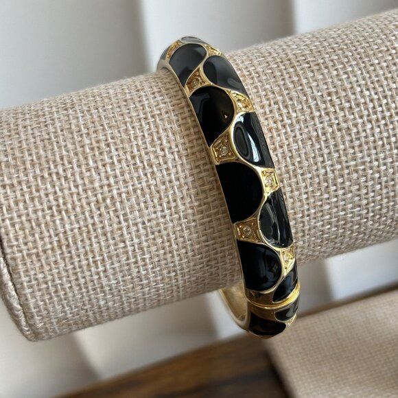 Nordstrom Enamel Hinge Clamp Bangle Cuff Clamper Bracelet Gold Black Rhinestone - Picture 1 of 7